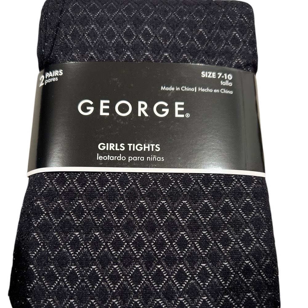 George Girl’s 2 pair tights black diamond, solid light pink Sz 7-10